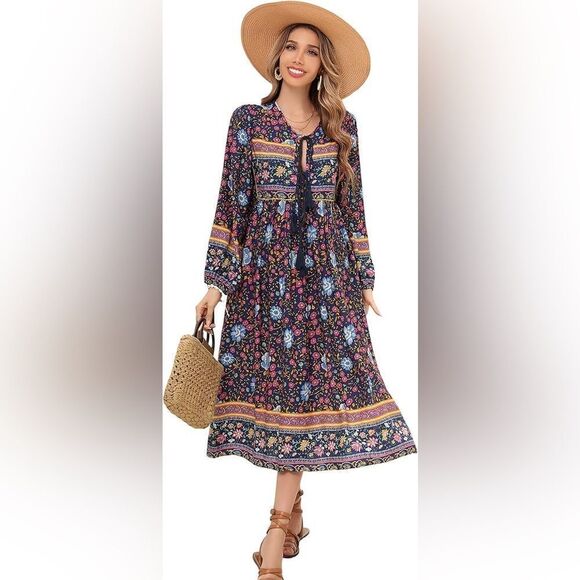 R. Vivimos Dress Womens 2XL Multi-Color Floral Print Long-Sleeve Midi A-Line - Picture 1 of 10